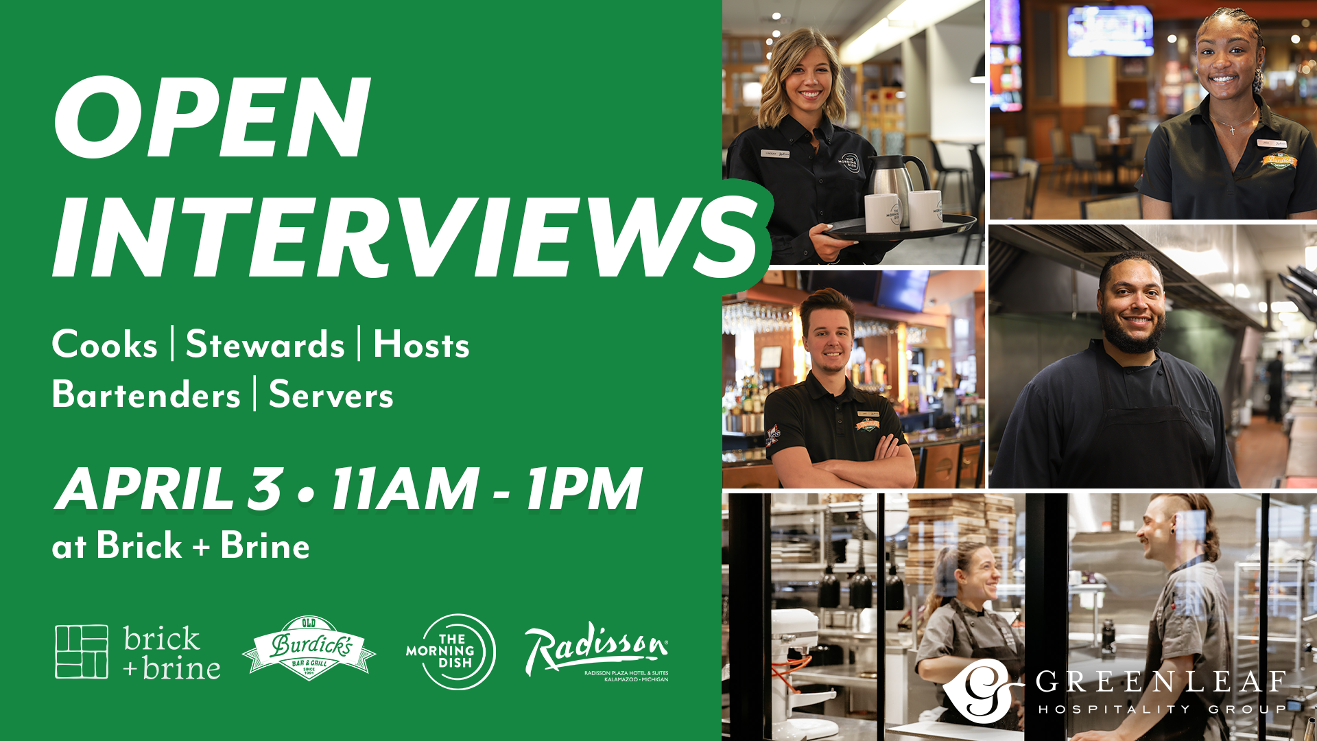 graphic with open interviews for food and beverage roles. images for a server holding a tray, servers smiling at camera, cook smiling at camera, and cooks laughing in the kitchen