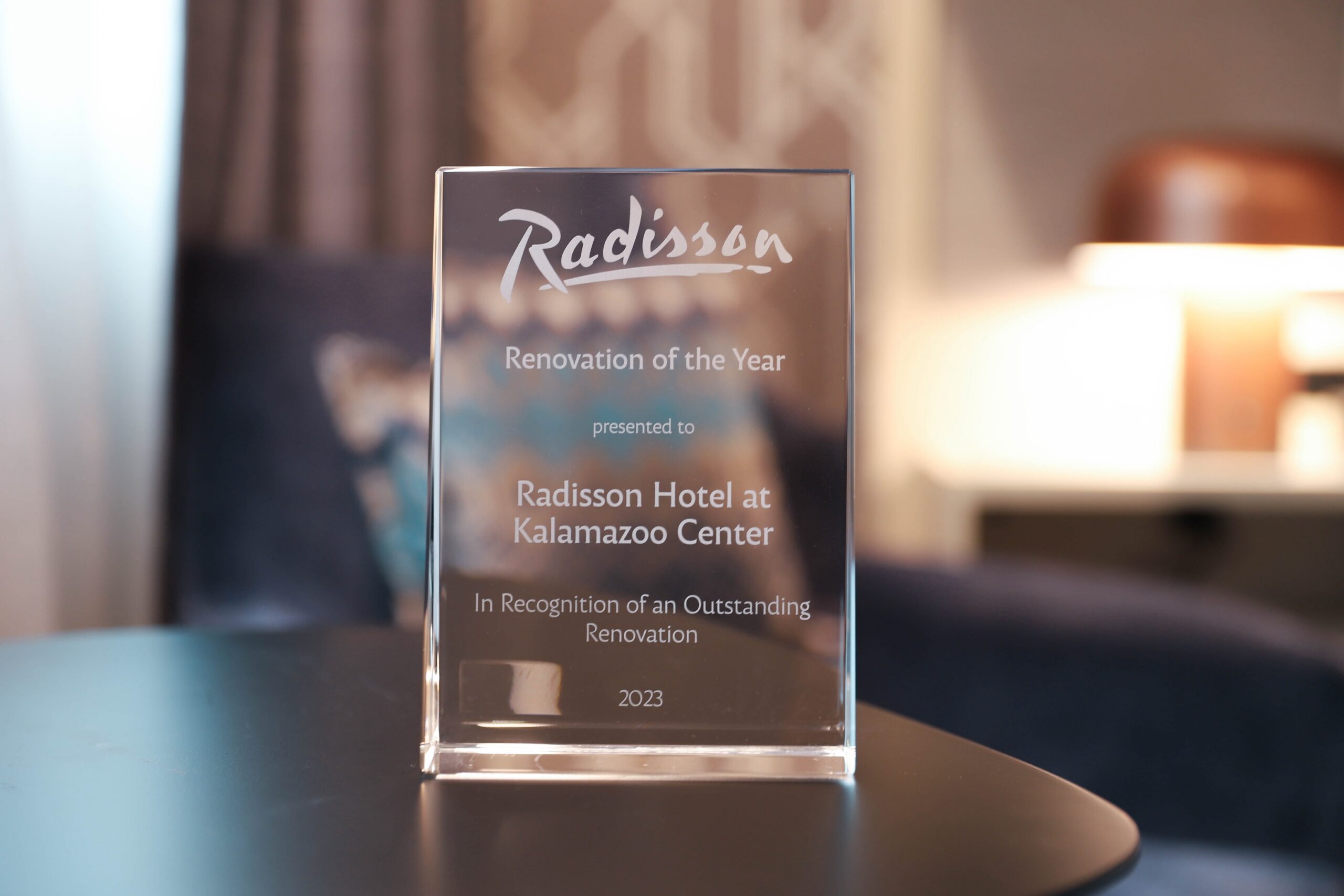 glass award for the Radisson Plaza Hotel noting the Renovation of the Year