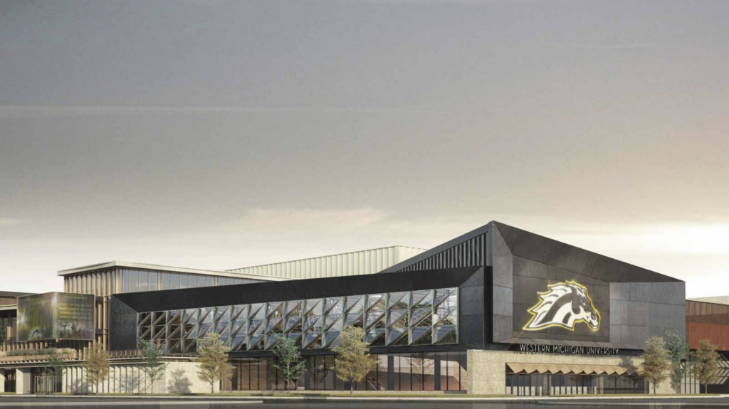 Rendering of new downtown event center showing building with large glass windows and a bronco horse logo