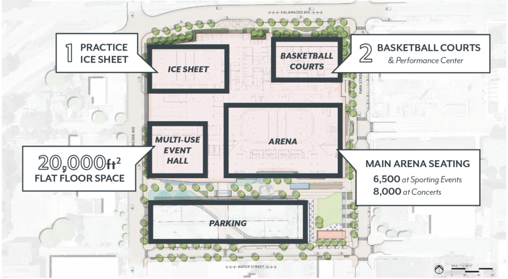 Overhead map of the layout of the new downtown event center showing ice sheets, basketball courts, event space, and parking